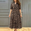ZANZEA Women Summer Sundress Stylish Leopard Printed Dress Lapel Neck Short Sleeve Midi Robe Casual Baggy Work Dresses Oversize