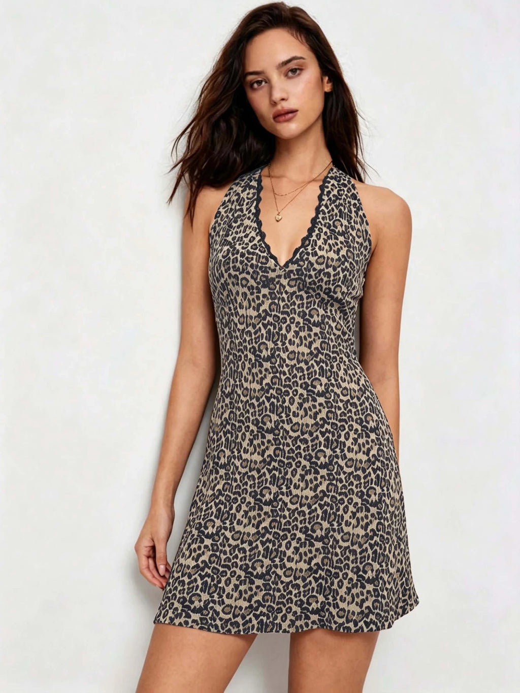 Lace V-Neck Halter Leopard Slim Skirt For Summer Women Mini Dress