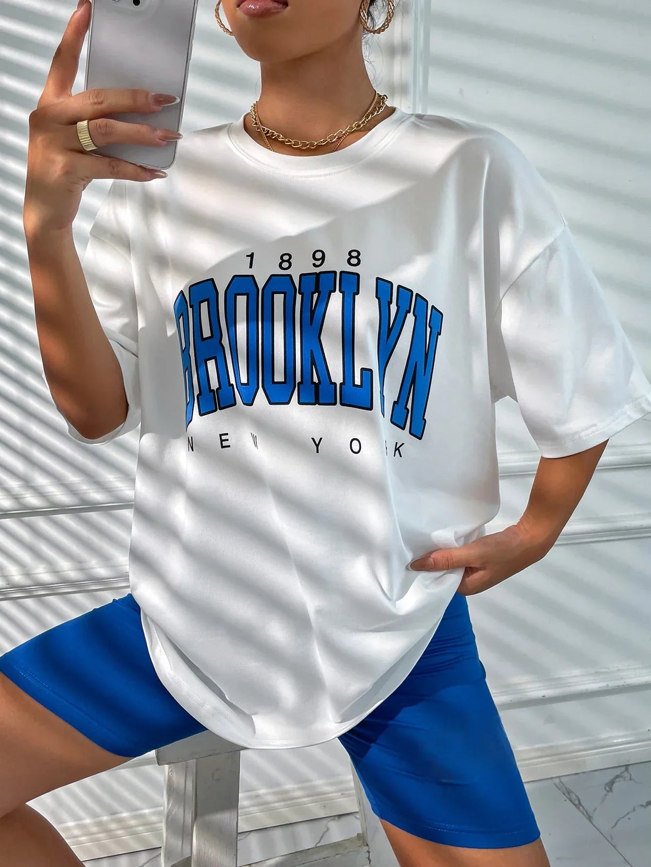 New T-Shirt Women 1898 Brooklyn York Letter Drop Shoulder Print Vintage Oversized T Shirt Simple Clothes Female Tshirt Y2K Top
