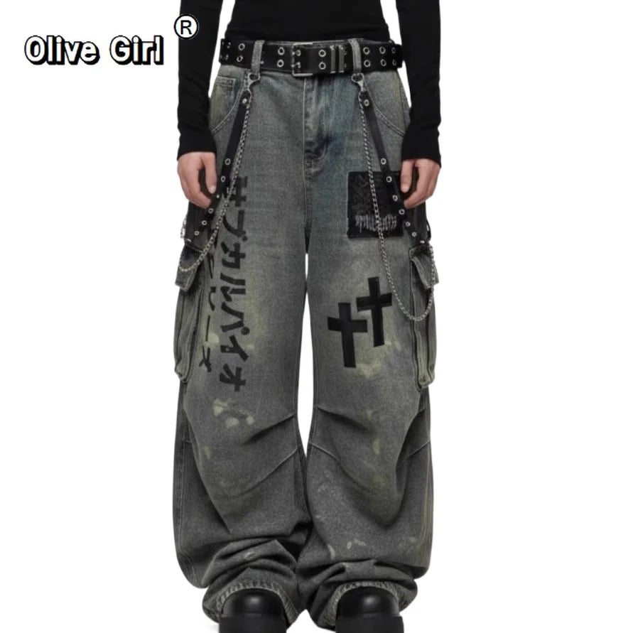Plus Size Skull Cross Women's Jeans Trousers Denim Pants American Retro Vibe Wide-legged Dragging Oversized Baggy Pants