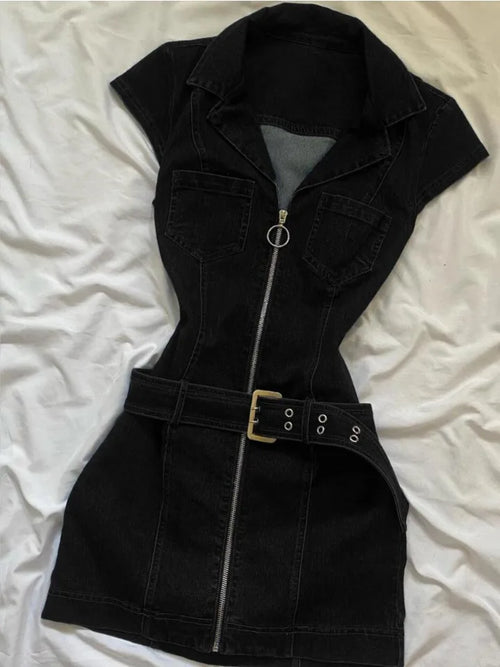 American Retro Black Denim Short Dress Women Summer Zipper Elegant Slim One Piece Dress Korean Fashion Design Casual Clothing