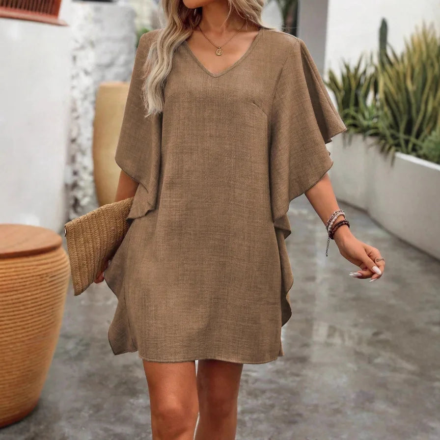 Summer Linen V-Neck Loose Dress, Casual Cape Sleeve Solid Color Vacation Short Tunic Dress