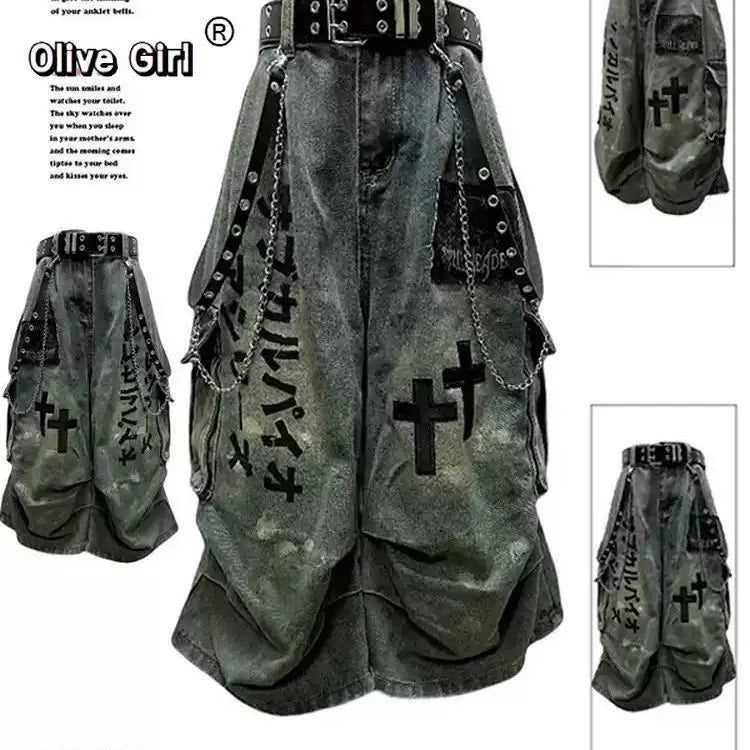 Plus Size Skull Cross Women's Jeans Trousers Denim Pants American Retro Vibe Wide-legged Dragging Oversized Baggy Pants