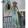 ELFSACK Ruffle Collar Sleeveless Midi Dress, Ditsy Floral Chiffon Waisted Dress, Vintage Daily Vacation Outfit for Women