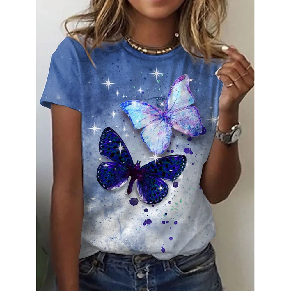 2024 New O-Neck 3d Butterfly Print T Shirt Women