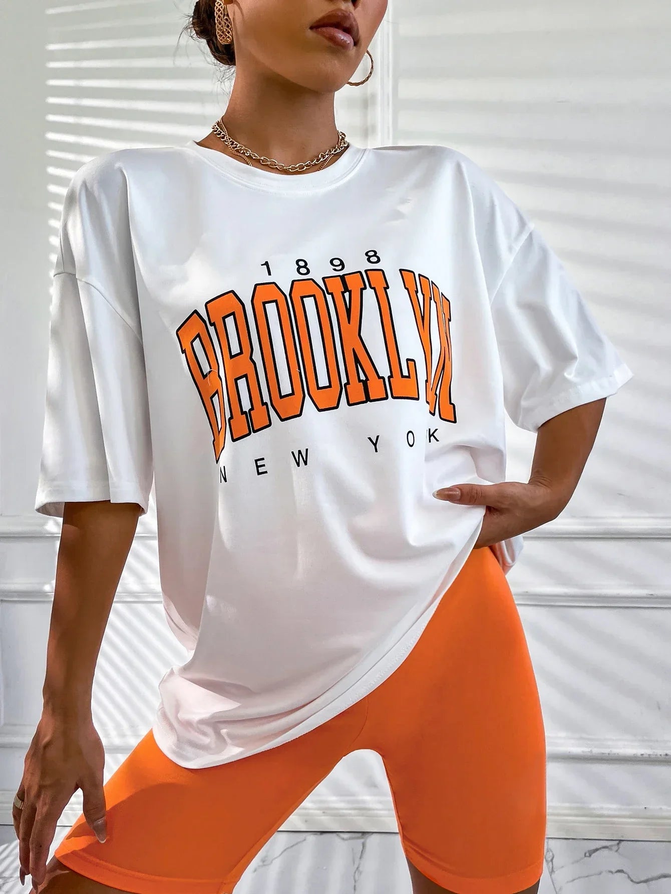 New T-Shirt Women 1898 Brooklyn York Letter Drop Shoulder Print Vintage Oversized T Shirt Simple Clothes Female Tshirt Y2K Top