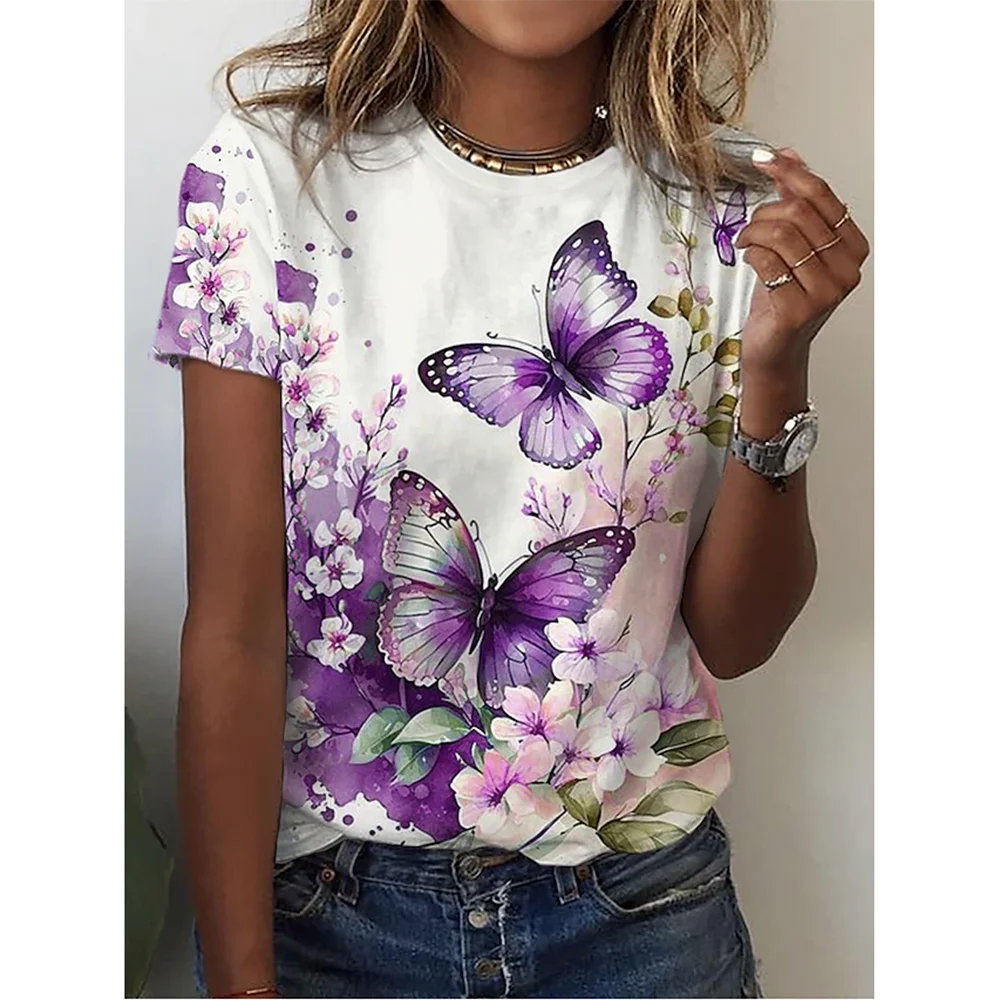 2024 New O-Neck 3d Butterfly Print T Shirt Women