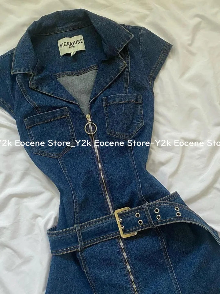 American Retro Black Denim Short Dress Women Summer Zipper Elegant Slim One Piece Dress Korean Fashion Design Casual Clothing
