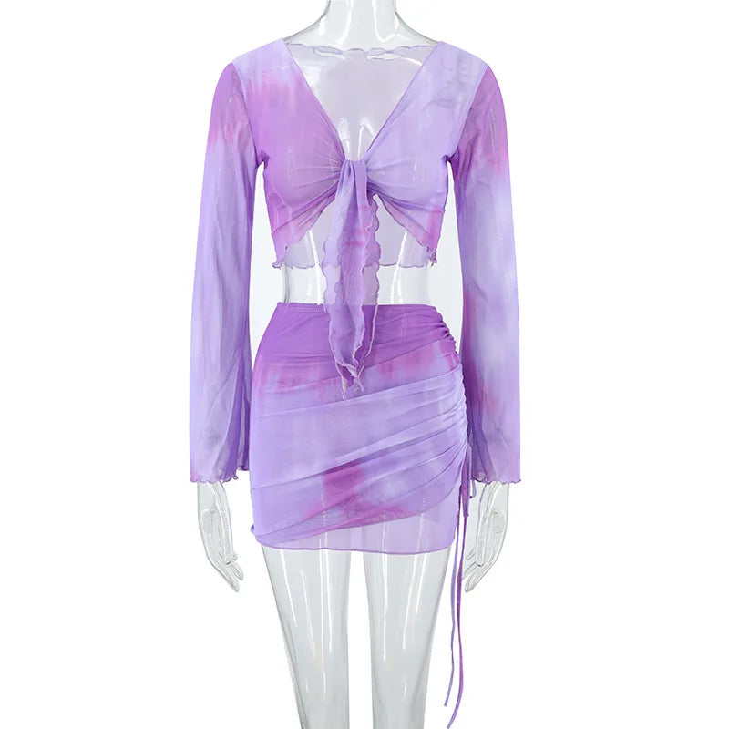 Fashion V-Neck Flare Sleeve Tie Dye Tops Mini Skirt Suit Women Mesh Tees Lace Up Skirts New Summer Female 2 Piece Set Outfits