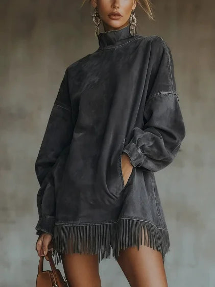 Woman Clothes Elegant Party Vintage Suede Tassel Fashion Long Sleeve high collar fringe Skirt Woman Mini Dresses Female clothing