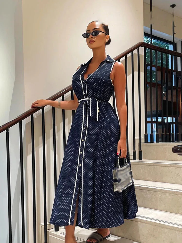 White Polka Dot Sleeveless Midi Dress Women Summer