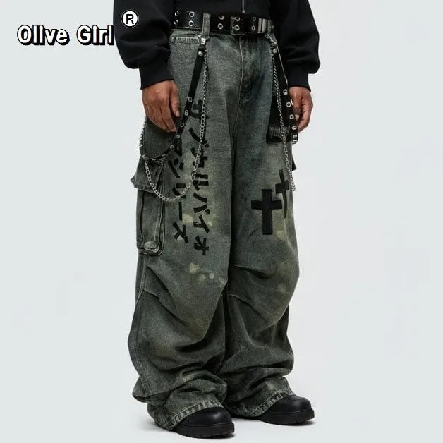 Plus Size Skull Cross Women's Jeans Trousers Denim Pants American Retro Vibe Wide-legged Dragging Oversized Baggy Pants