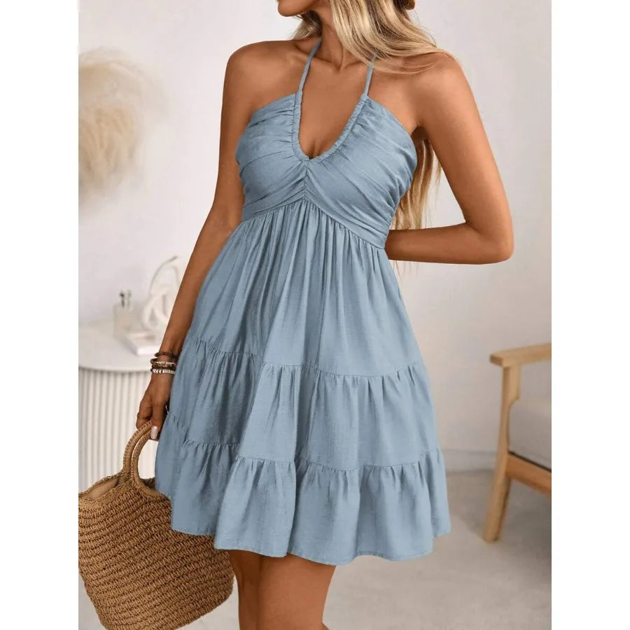 Women's Summer Boho Casual Beach Vacation Holiday Dusty Blue Linen Halter Dress,Backless Shirred Bust Tiered A-Line Bow Knot
