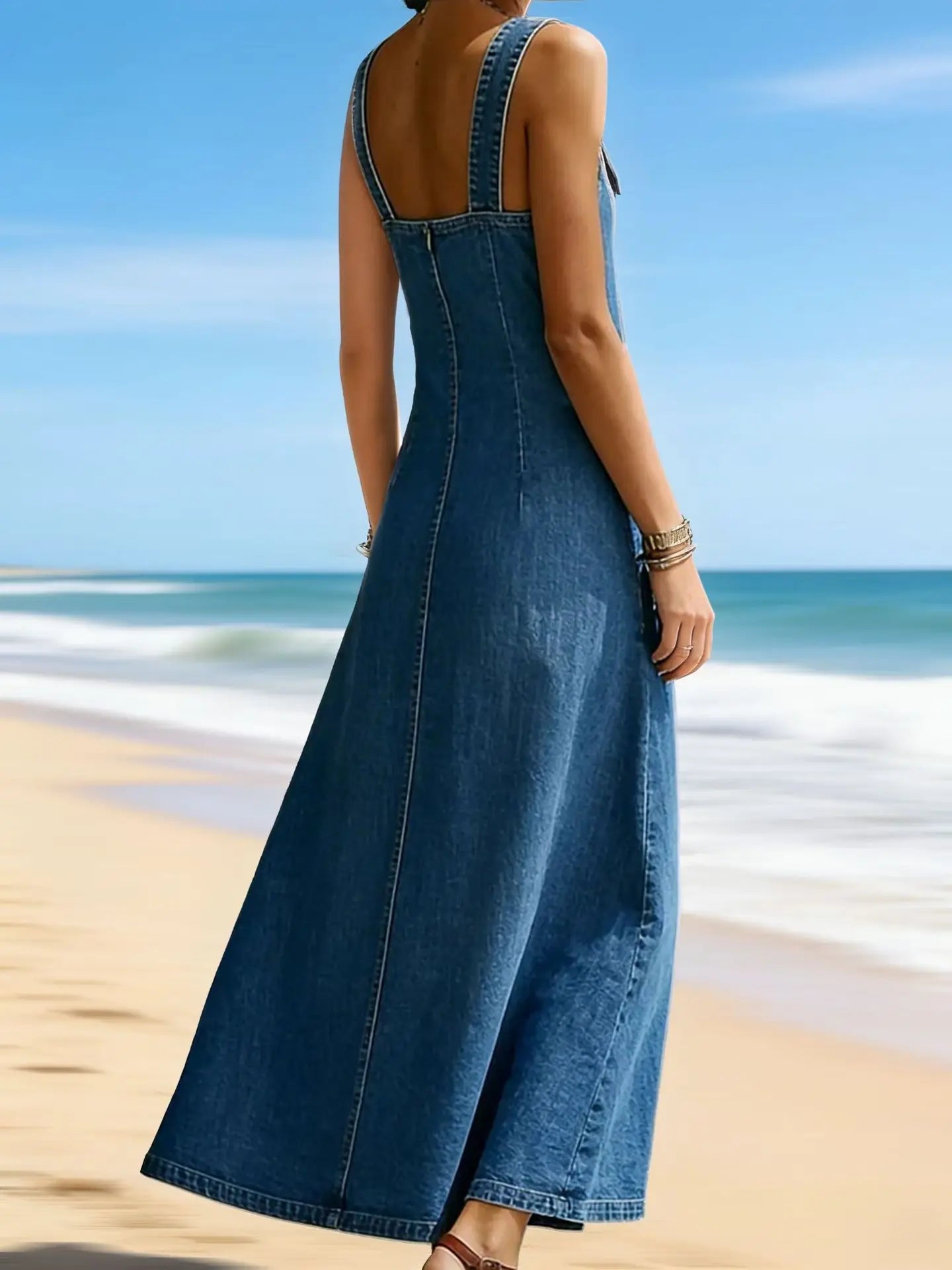 Women Solid Denim Dress Summer Fashion Adjustable Buckle Straps V Neck Diagonal Button Loose A Line Jean Dress Casual Outfit