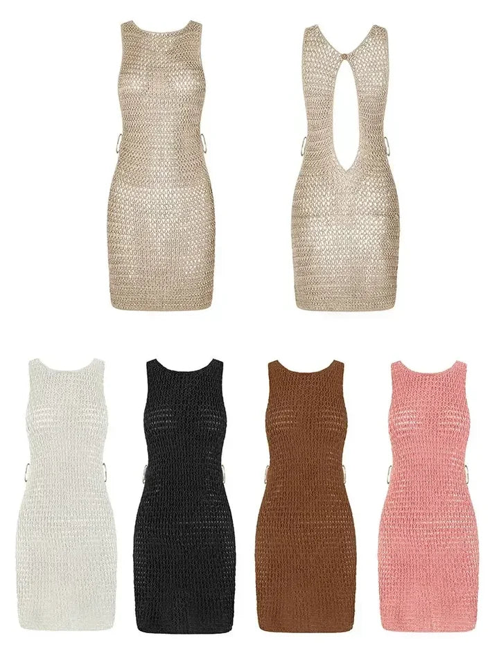 2026 Summer Sexy One Neck Cut Out Circle Decoration Corset Slim Beach Mini Dress Women Seaside Vacation Beachwear Dresses A2796