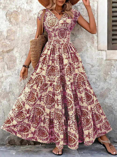 2026 Vintage Floral Print Dress Elegant V-Neck Short Sleeve Long Women