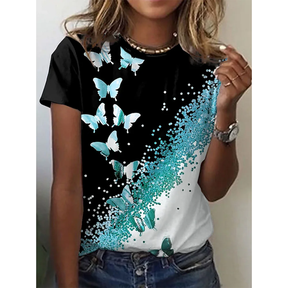 2024 New O-Neck 3d Butterfly Print T Shirt Women