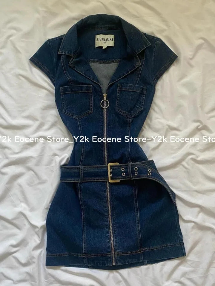 American Retro Black Denim Short Dress Women Summer Zipper Elegant Slim One Piece Dress Korean Fashion Design Casual Clothing