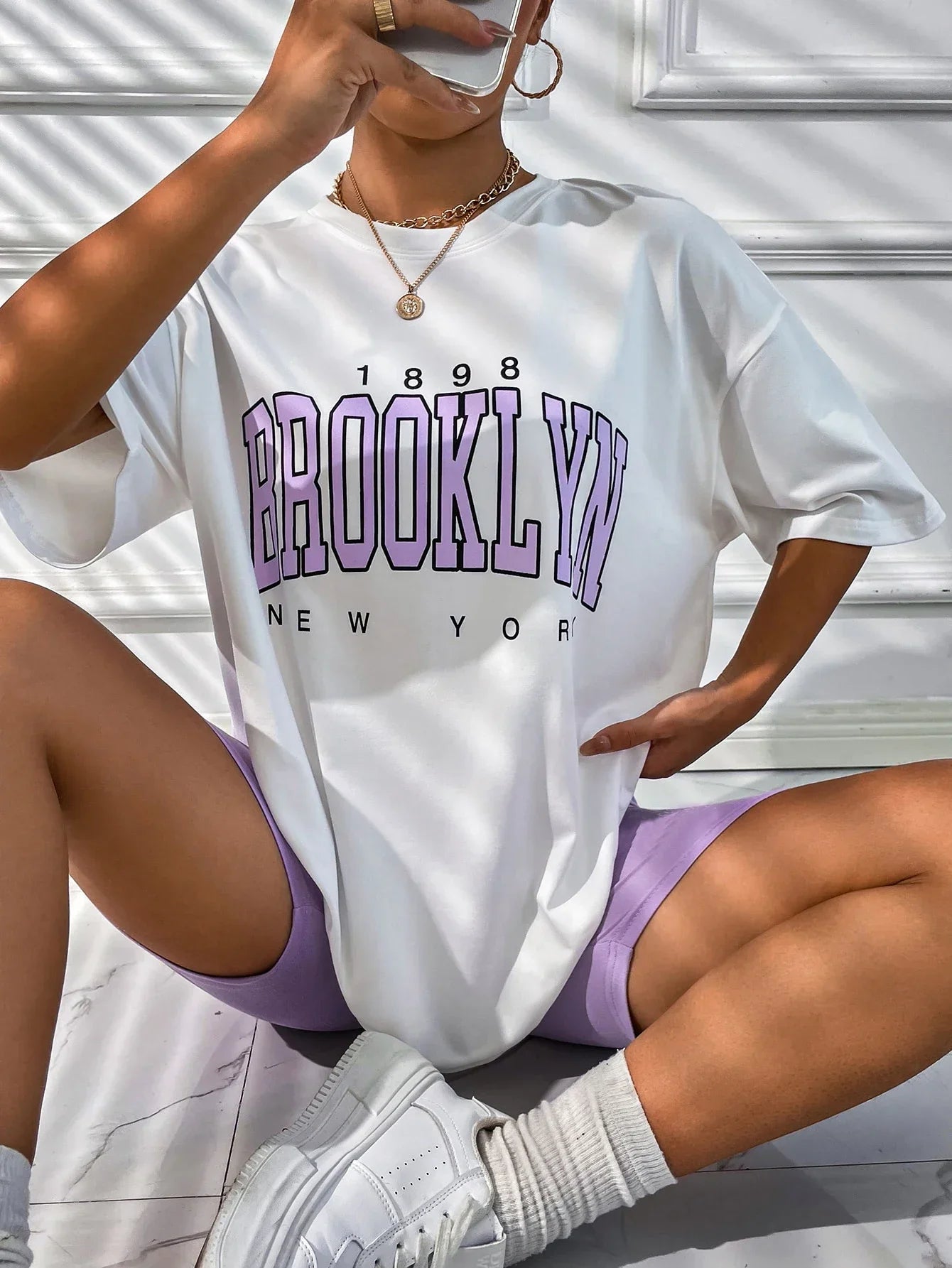 New T-Shirt Women 1898 Brooklyn York Letter Drop Shoulder Print Vintage Oversized T Shirt Simple Clothes Female Tshirt Y2K Top