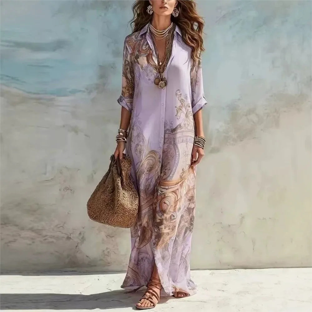 Spring Summer Retro Printed Long-sleeved Shirt Women