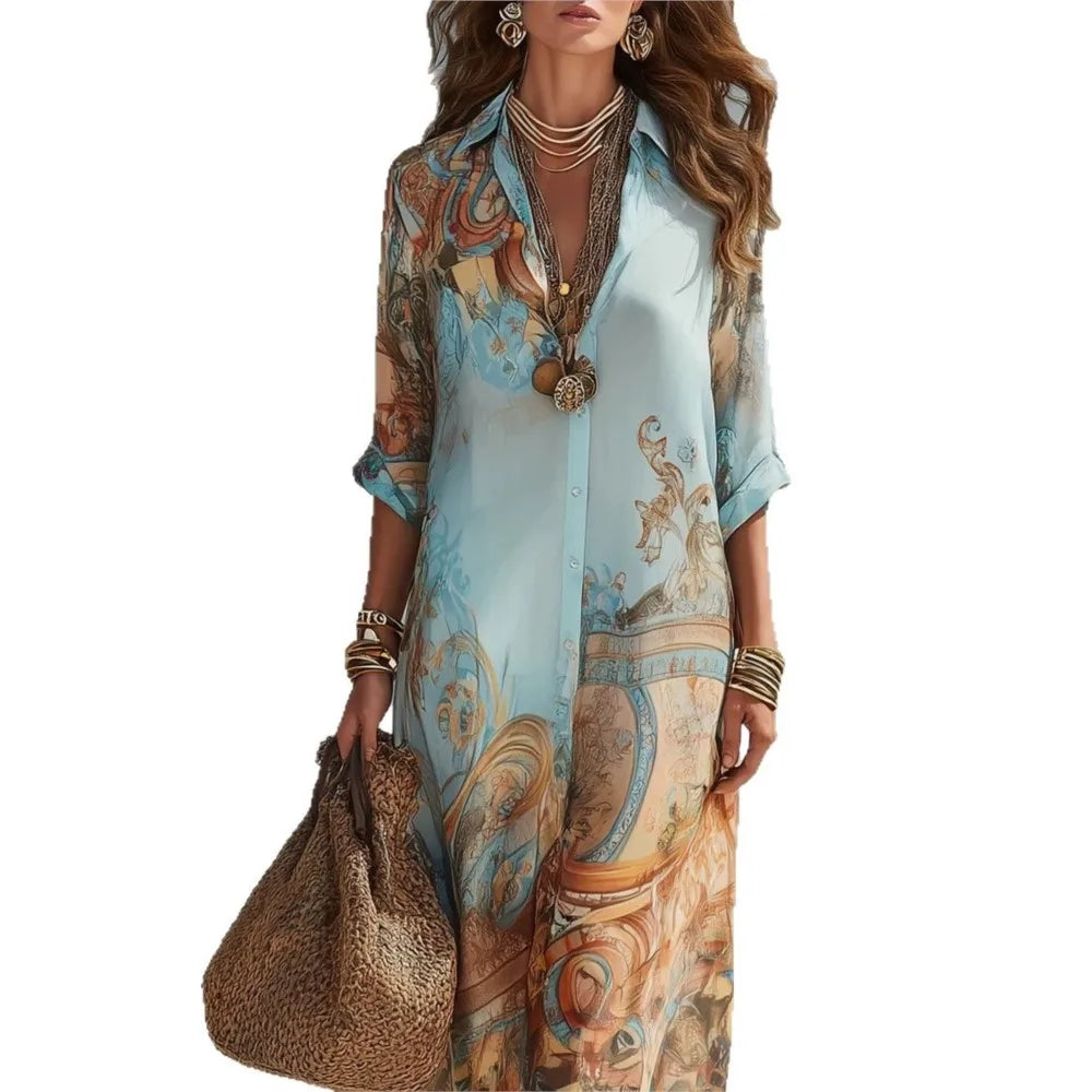 Spring Summer Retro Printed Long-sleeved Shirt Women