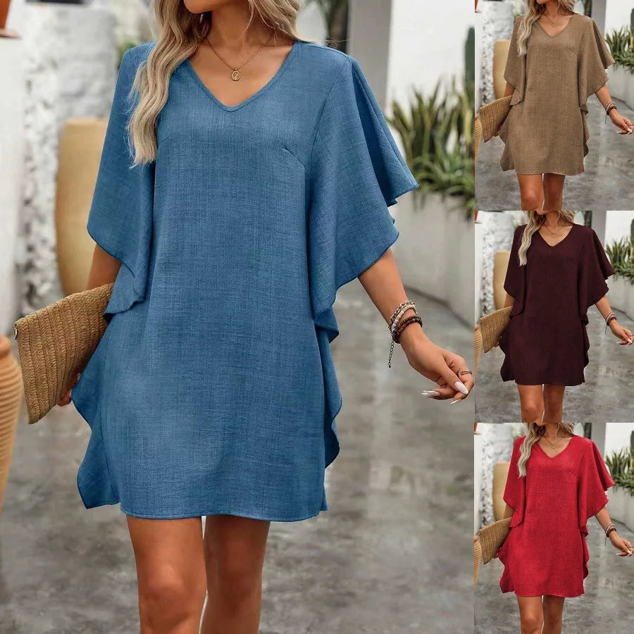 Summer Linen V-Neck Loose Dress, Casual Cape Sleeve Solid Color Vacation Short Tunic Dress