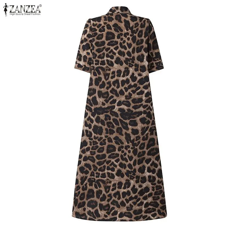 ZANZEA Women Summer Sundress Stylish Leopard Printed Dress Lapel Neck Short Sleeve Midi Robe Casual Baggy Work Dresses Oversize